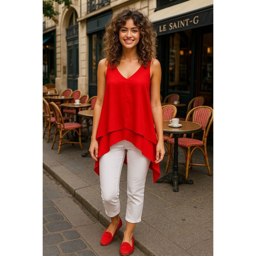 Ann Taylor XL Red Chic Sleeveless Layered Tank Top V Neck Sheer Back Lightweight